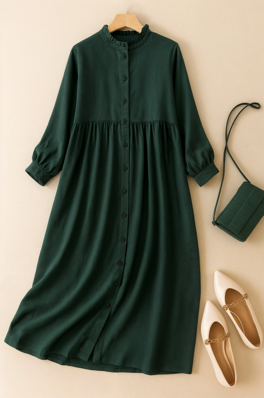 Women’s Solid Color Button-Down Casual Dress (With Pockets)